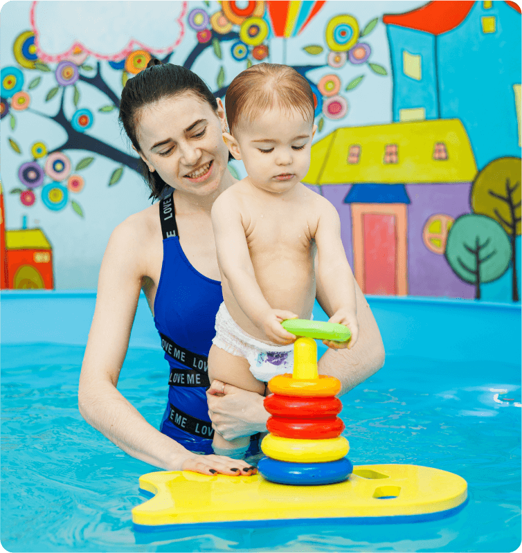 pool with red life preserver yellow umbrella